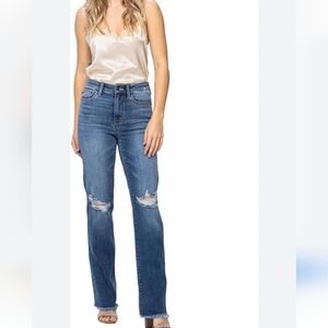 NWT Judy Blue High Rise Straight Leg Fray Hem Distressed Jeans Size 5/27